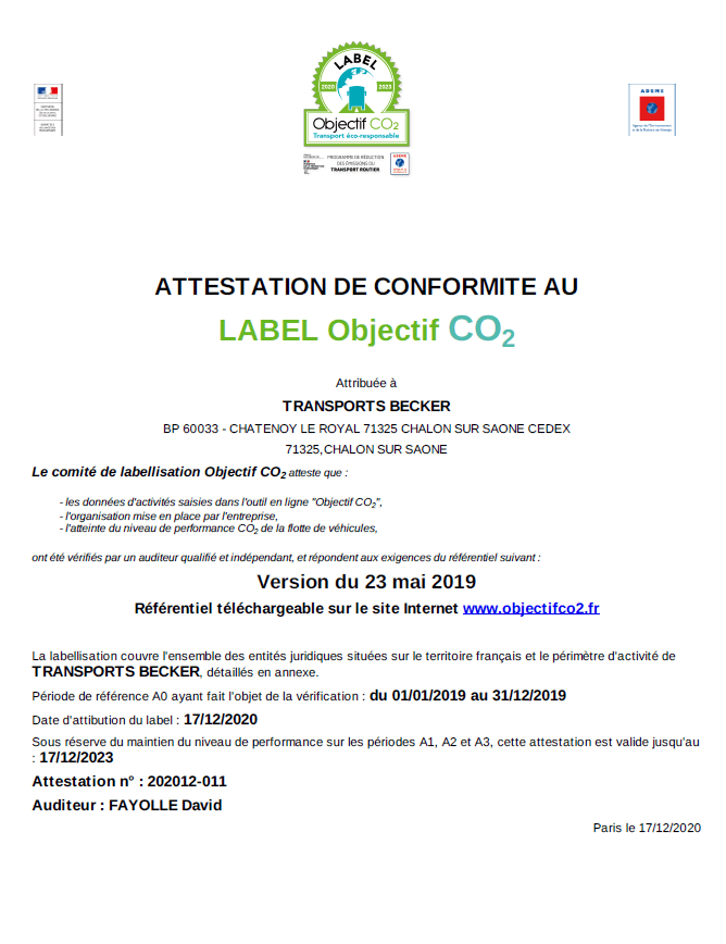 Transports Becker - Transport et logistique - LABEL Objectif CO2 !
